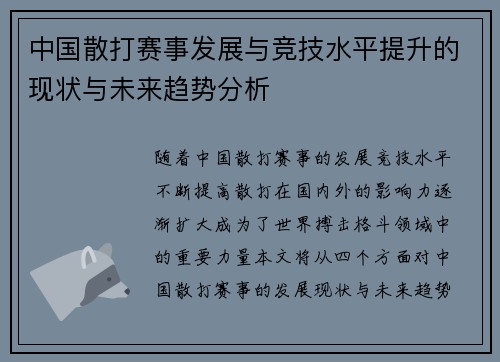 中国散打赛事发展与竞技水平提升的现状与未来趋势分析
