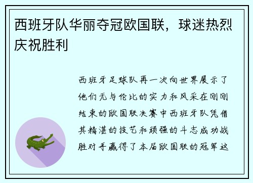 西班牙队华丽夺冠欧国联，球迷热烈庆祝胜利