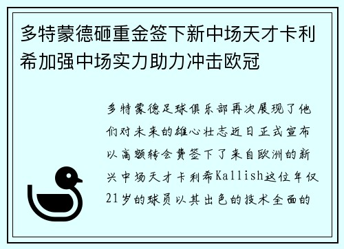 多特蒙德砸重金签下新中场天才卡利希加强中场实力助力冲击欧冠